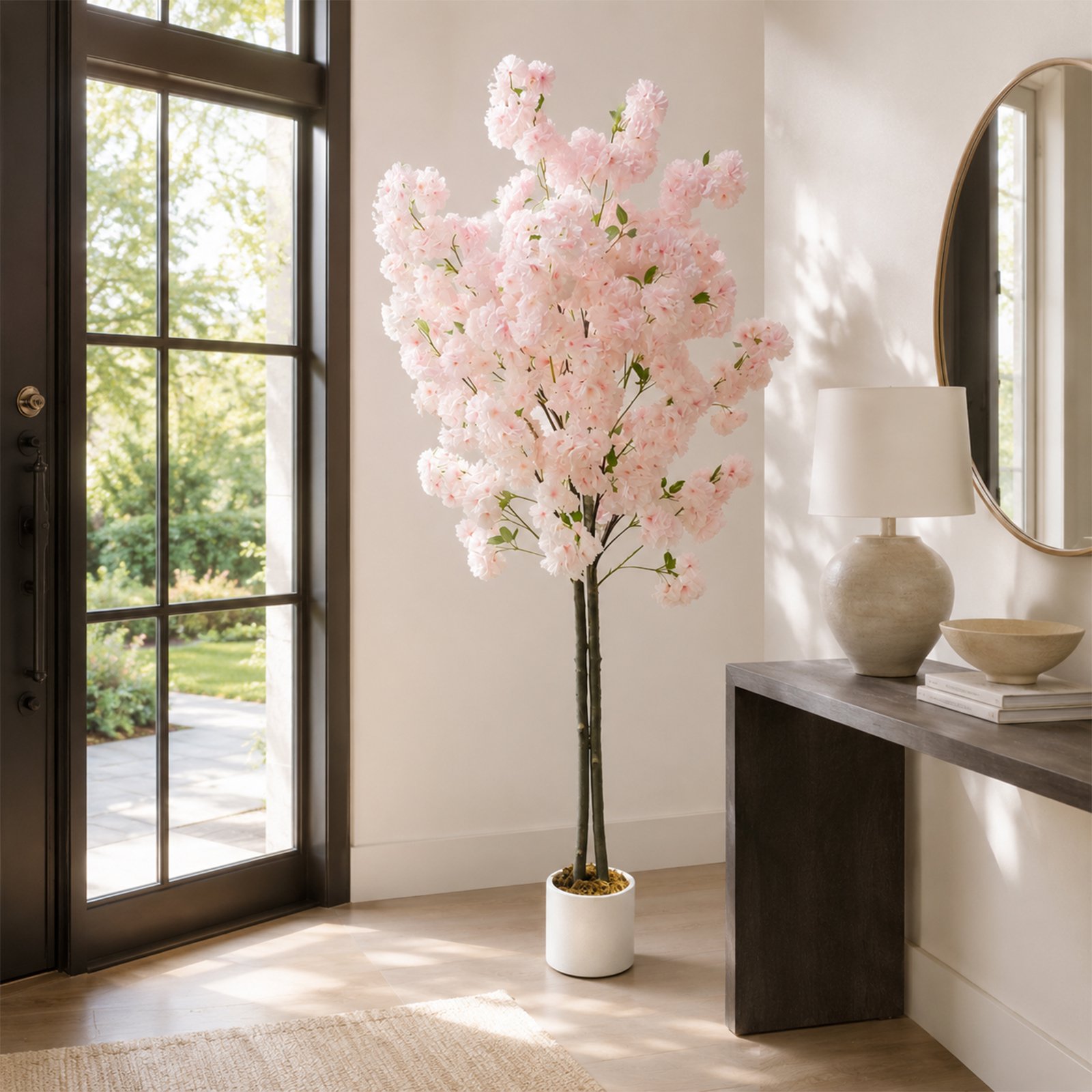Realistic Artificial Cherry Tree With & Blooming Pink Flowers In Pe Pot - Pre- Faux Suitable For Home, Wedding, Office Decor, Indoor/outdoor, Low-maintenance Plastic Plant For Valentine' Day Gift