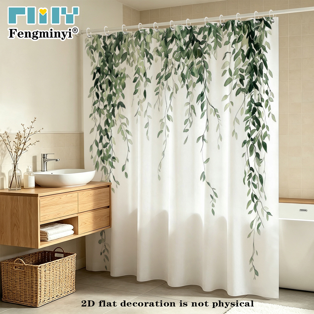 TEMU 2d Flat, 2d Flat, 2d Curtain 1pc, Waterfall Ivy With Green Leaves On Soft White Background, Watercolor Plant Art Design, Polyester Material With