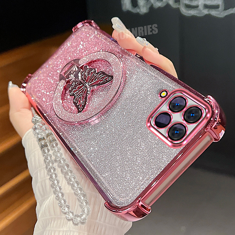 TEMU Phone Case: Clear Lanyard Chain Bracelet Plating Stand Holder Case For For Galaxy A12 Gradient Glitter Shockproof Protection Soft Back Cover