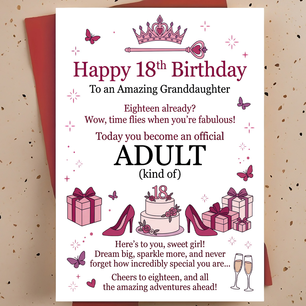 TEMU 1pc Humorous 18th Birthday Greeting Card For Granddaughter – Birthday Cake Crown Gift Boxes Cartoon Illustration, Sweet Card, With Envelope