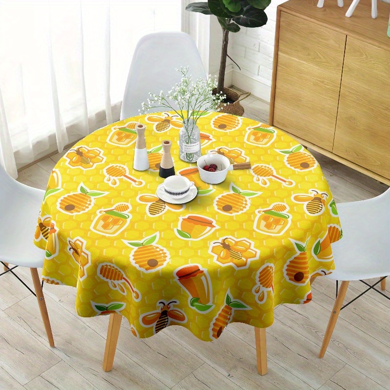 1 Stück runde Tischdecke mit Honigwaben-Bienen- und Honigdesign, Maße 154,94 x 154,94 cm. Ideal für Küche, Esszimmer, Frühlingspicknicks und Bauernhausdekoration im Bohemian-Stil