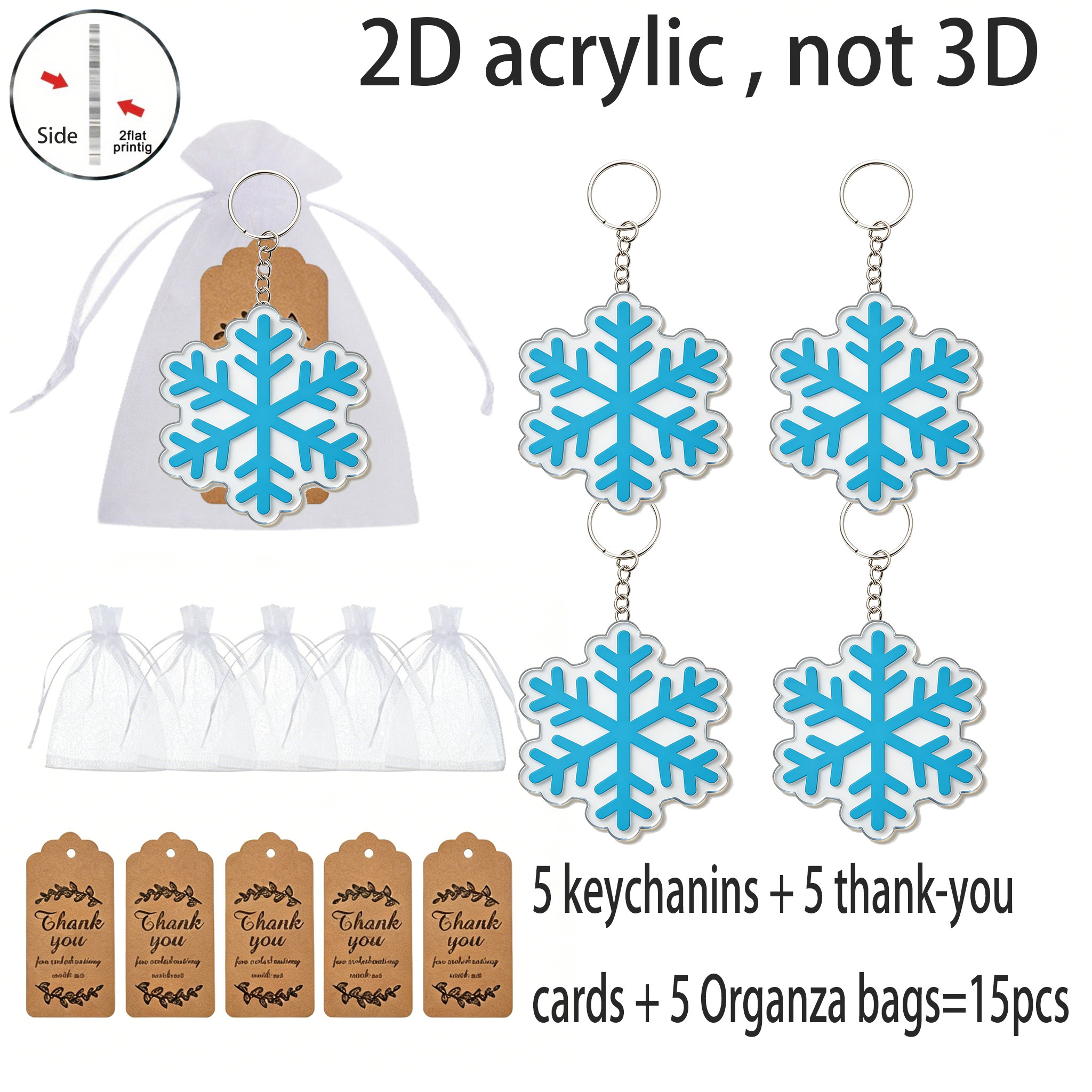 TEMU Plat 2D, Lot de 15 porte-clés de Neige Plats 2D en Acrylique, Inclut 5 porte-clés en Acrylique Motif 2D + 5 Cartes de Remerciement + 5 Sacs en