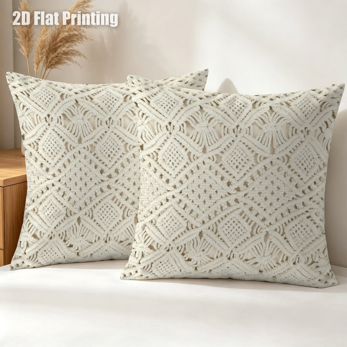 TEMU 2d Flat 2pcs Boho Style Intricate Crochet Patterns Throw Pillow Covers, Double Prints Geometric Diamond , For Corners, Stylish Bedroom Accents,