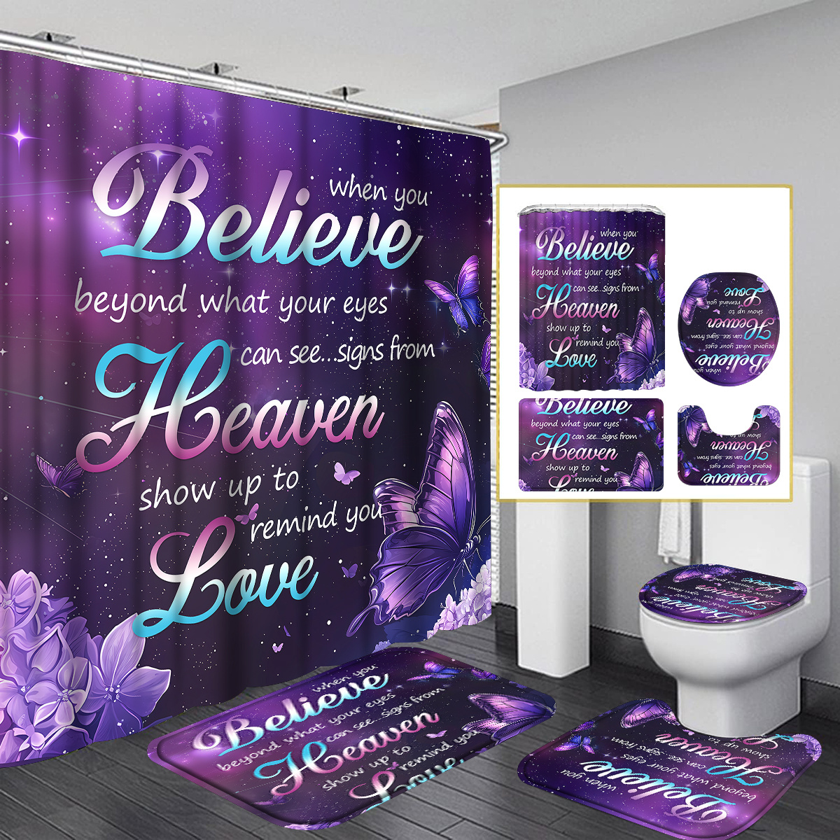 Temu – TEMU 4pcs Valentines Day Purple Shower Curtain Bathroom Sets Full Sets, Inspirational Quotes With Flower Shower Curtain Sets With Rugs, Modern