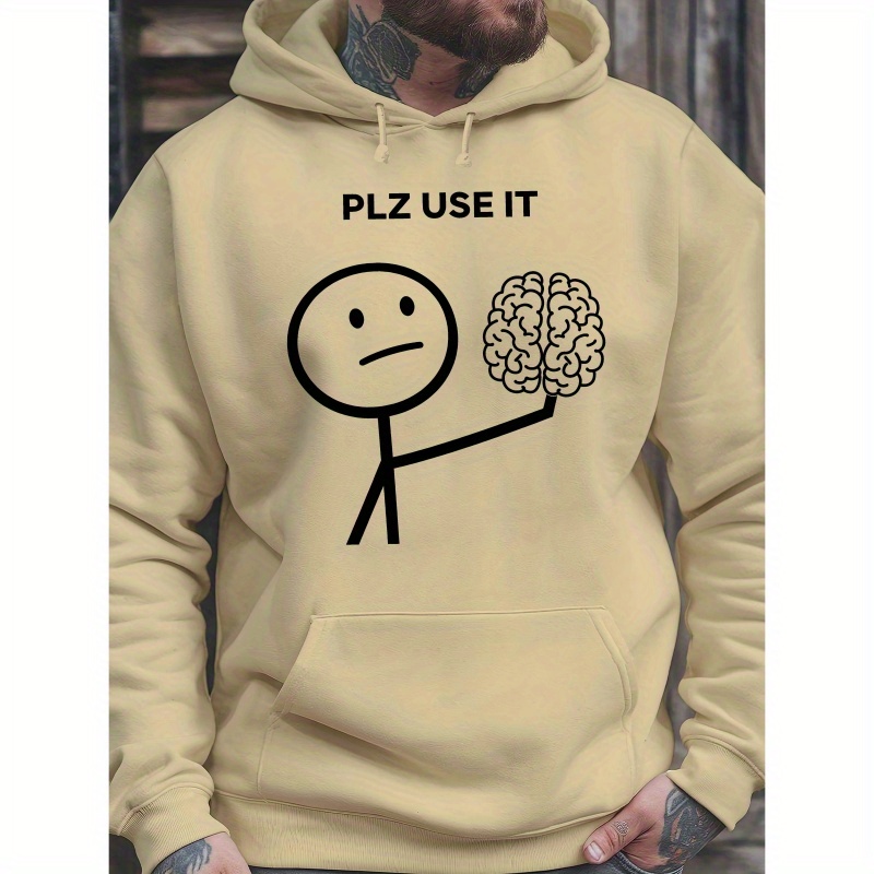 

[1pc Letter Print Plush Hoodie] 1pc Winter Casual Hoodie For Men, Polyester Knit Long Sleeve Pullover With Letter Print, Regular Fit Plush Sweatshirt With - Top For Youth