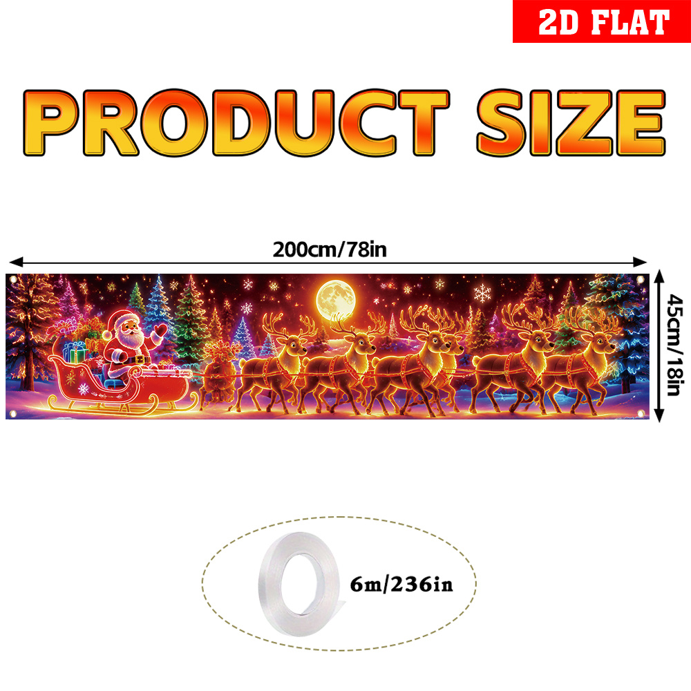 TEMU Bannière de Noël 2D Plate, 1 pièce, Activée par UV, Convient pour les Patios, Clôtures - Scène de Neige Réactive aux UV avec Traîneau du Père