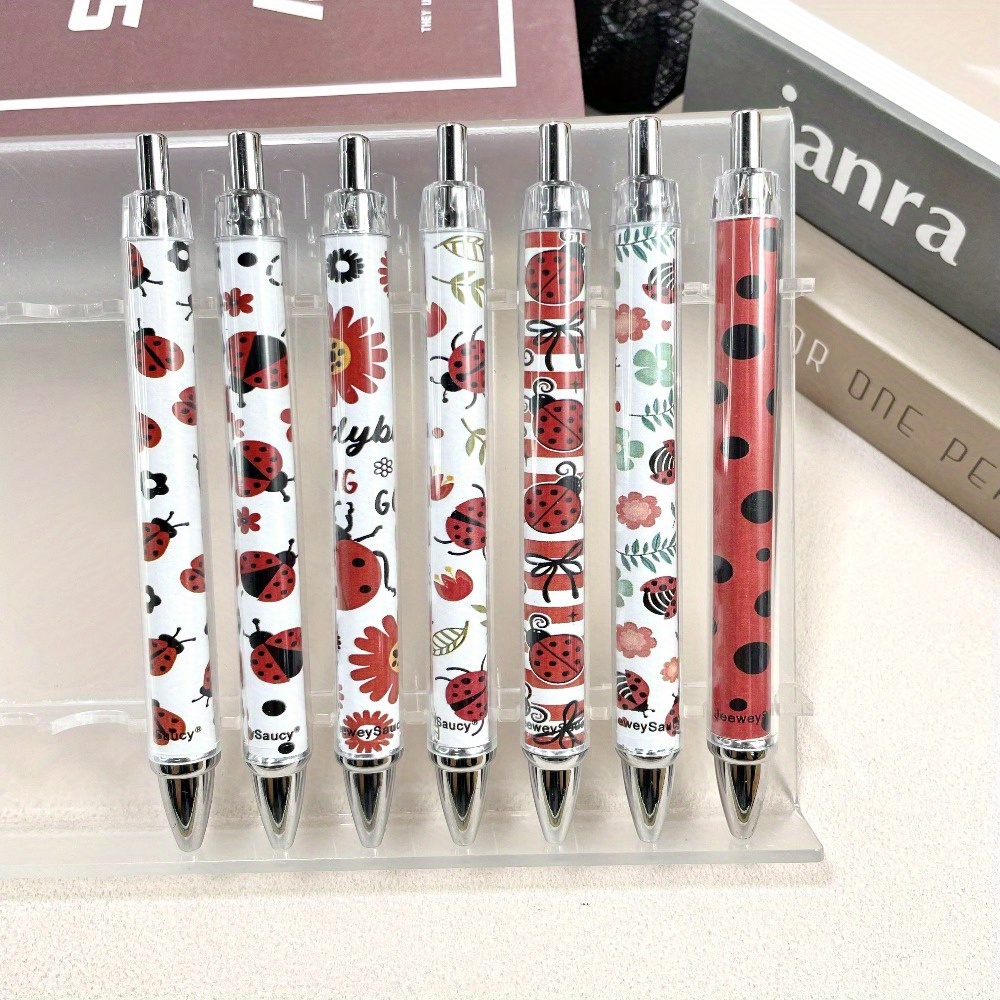 7pcs creative red cartoon ladybug ballpoint pen set with retractable design, black ink writing pens for teachers and office supplies, back-to-school gift, unique insect party favor Product details 1