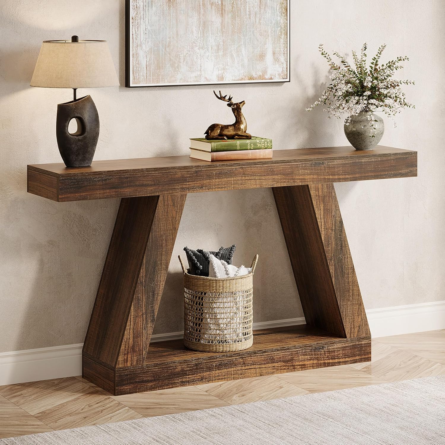 TEMU 55-inch Rustic Farmhouse Console Table With Storage - Heavy-duty Mdf Sofa Table Suitable For Entryway, Living Room, Thickened Board & Frame,