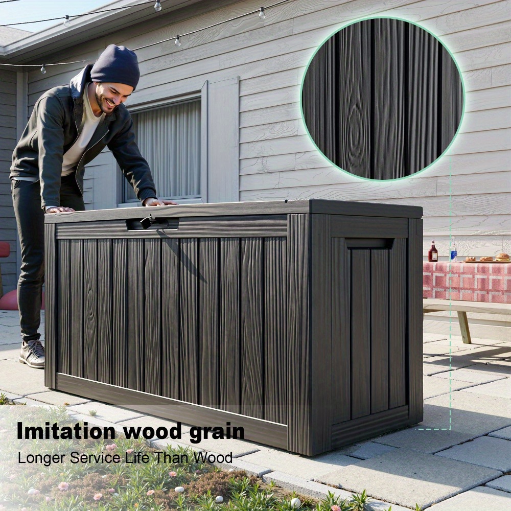 92gallon deck box wood grain outdoor storage box uv resistant resin package delivery and storage box with lockable lid for patio furniture cushions pool accessories garden tools outdoor