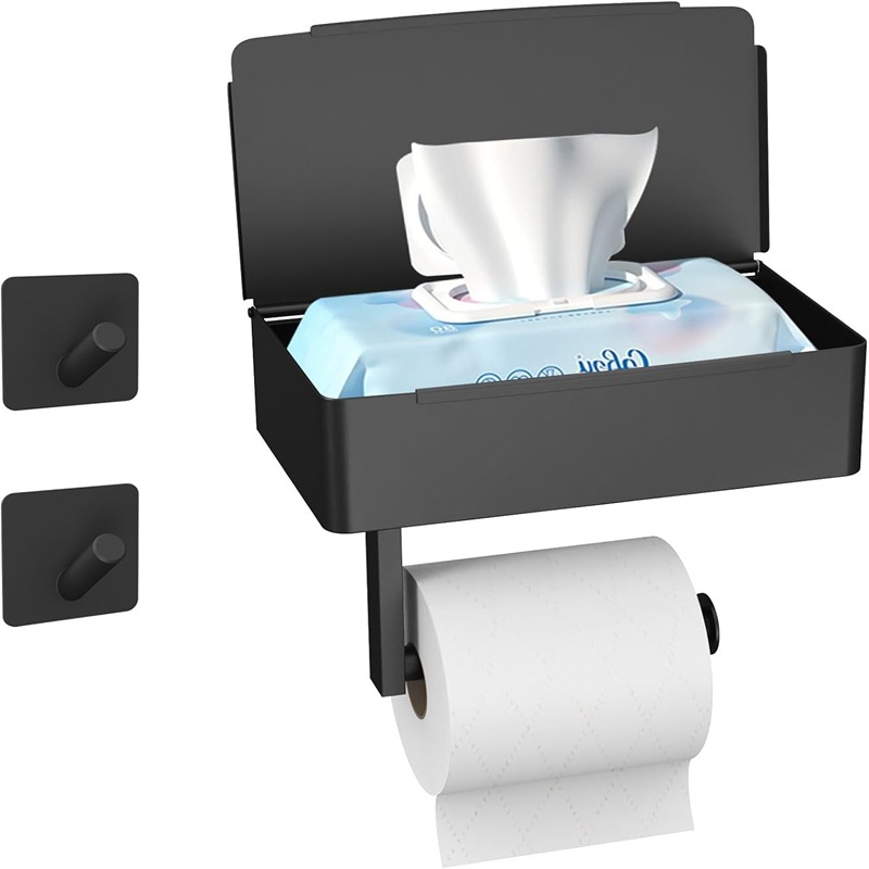 Toilet Paper Holder, Black, 3-in-1 Multifunctional, Self-adhesive, No Drilling, With Wet Wipes Box, Toilet Paper Holder With Built-in Storage Box Top Shelf For Bedroom Bathroom Living Room Kitchen