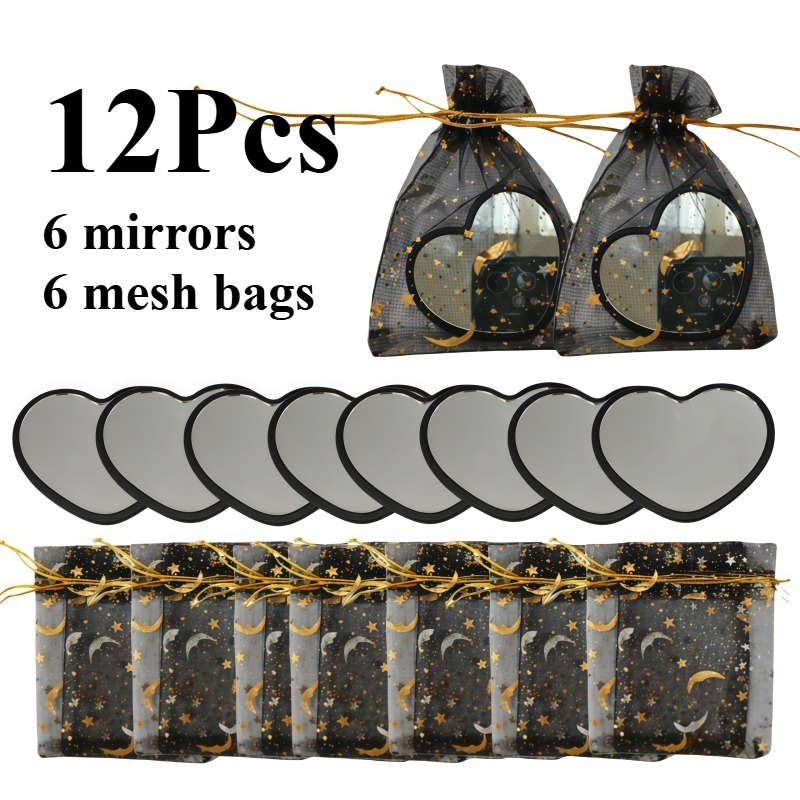 E-shop 12er Set Schwarze Herzförmige Kompaktspiegel mit Sternenmond, durchsichtige Tasche - Vintage Tragbarer Make-up Spiegel zum Verschenken und