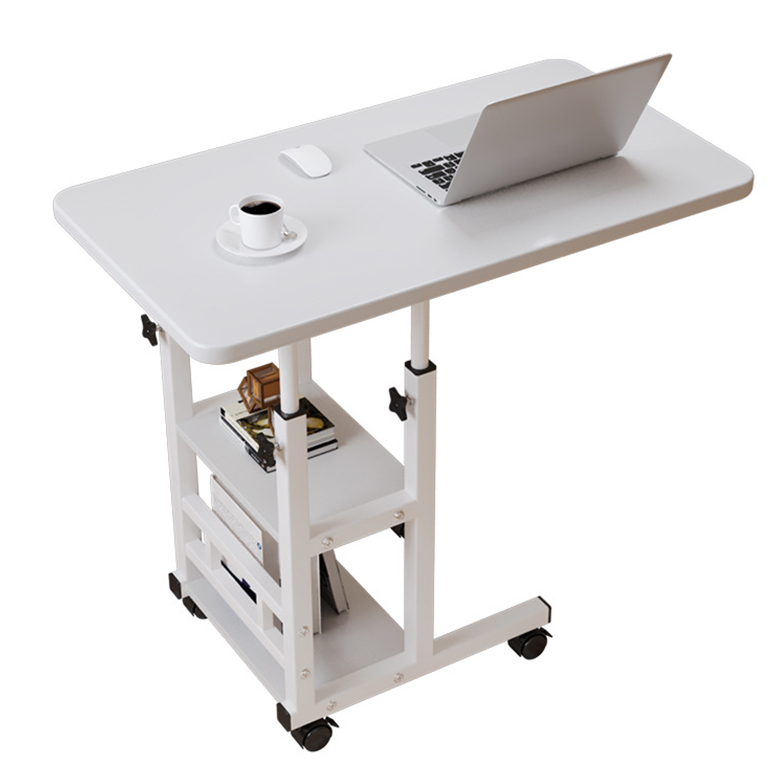 TEMU Modern Side Table With Height Adjustment & Mobile Rolling Tabletop - 2-tier Storage Shelves, Stain-resistant Suitable For Small Spaces, Bed End