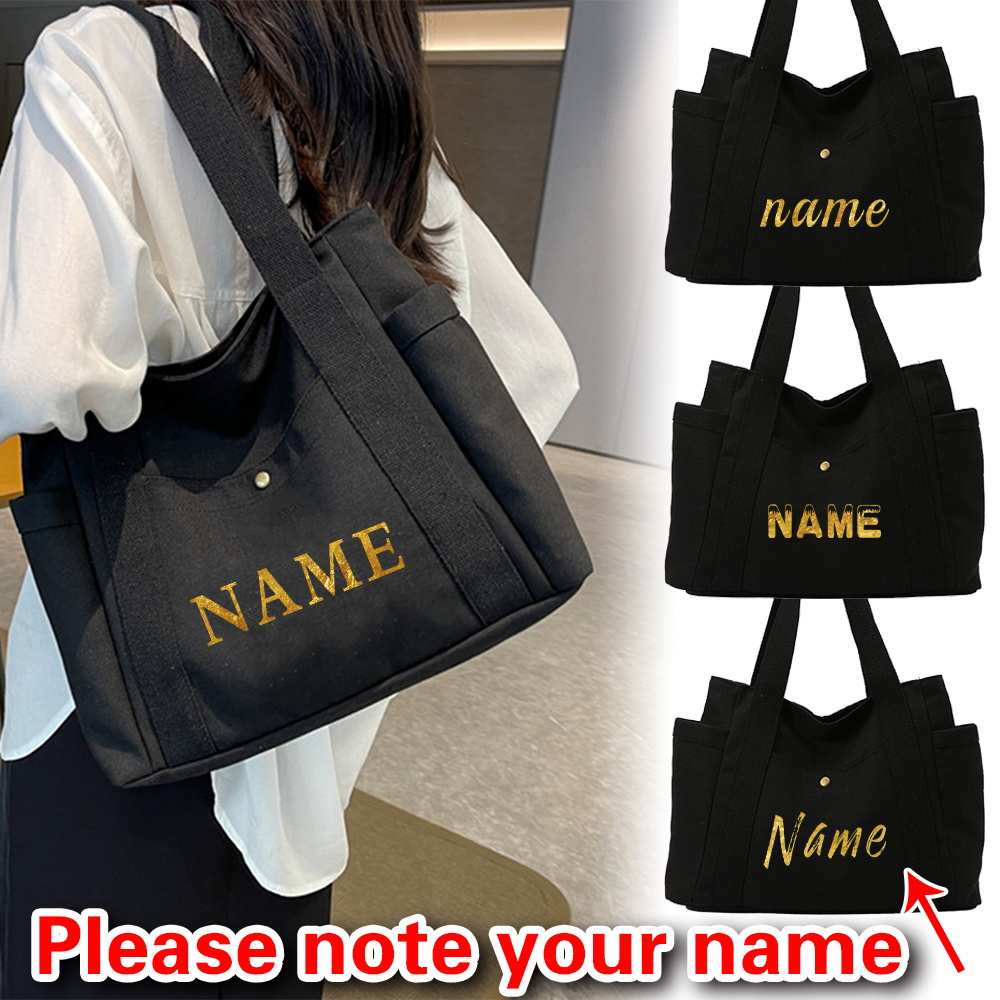 

Customize Name Large Capacity Tote Bags Canvas Women' For Work Multiple Outer Pocket Shoulder Bag Personalized Printing Commuting Handbag Shopping Bags