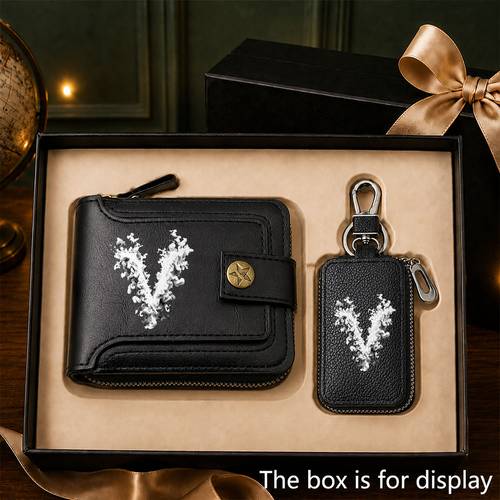 luxus-herren-set, 2-teilig: münzgeldbörse + schlüsseletui mit buchstabe-v- -print, stilvolle business-geldbörse, minimalistisches autoschlüssel-etui, hochwertige elegante kombination, eine für weihnachtsgeschenke, geburtstagsgeschenke vatertagsgeschenke (ohne schachtel)
