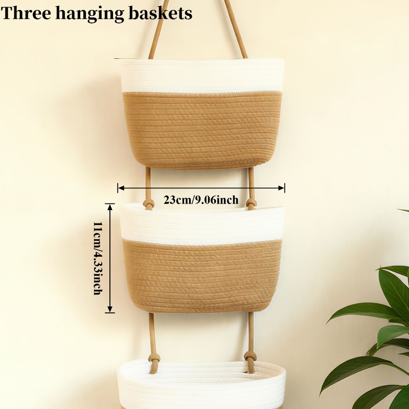 Image of Boho Neutral Tone 3-tier Woven Rope Hanging Wall Basket, Vertical Storage Organizer, Multi-room For Bathroom, Nursery, Kitchen, Bedroom, Stores Towels And Utensils