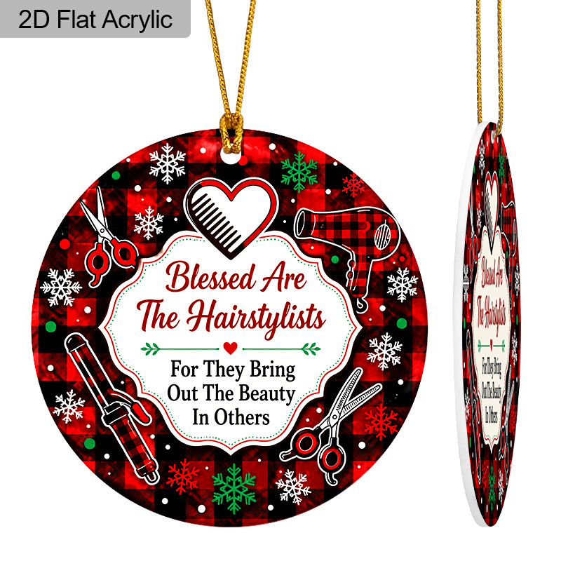 TEMU 2d Flat, 1pc Hairstylist Christmas Acrylic Ornament, Blessed Are The Hairstylists Quote Hanging Pendants With Hair Dryer Scissors Pattern,