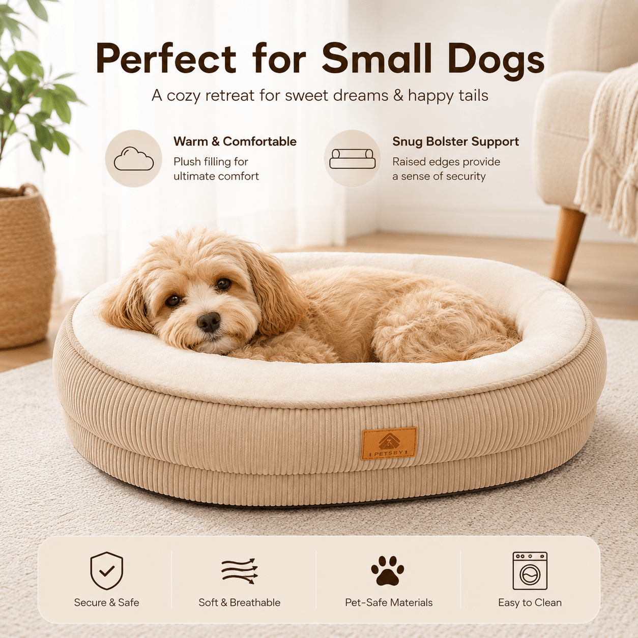Corduroy Pet Bed, Soft Plush Oval Bed with Raised Bolster, Cozy Washable Cushion, Suitable for Cats & Small/Medium Dogs, Puppies, Chihuahuas, Shih Tzus, Dog Bedding