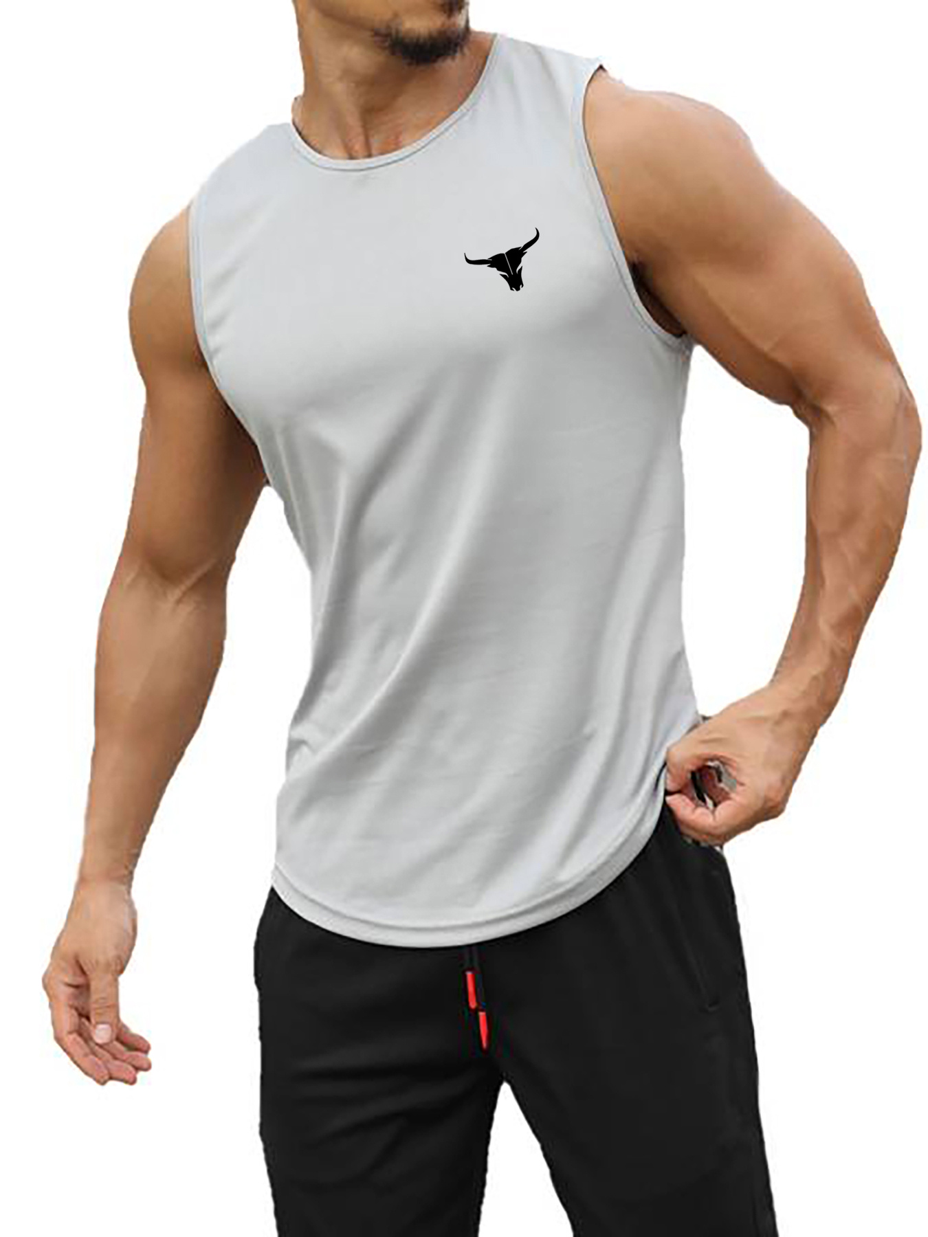 Men's Summer Athletic Tank Top - Breathable, Sweat Absorbent, Loose Fit Sleeveless Shirt for Gym, Training & Basketball - White with Black Bull Head Design, Gym Apparel | Sweat Absorbent Fabric, Gym Shirts