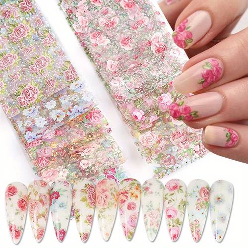 10pcs mixed nail art foils transfer sticker set rose flower designs nail foils starry sky nail wraps for wedding summer flower nail art decoration