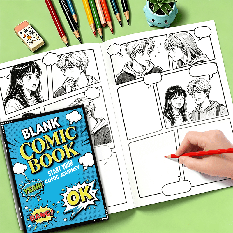 TEMU Blank Comic Sketchbook For Teens, Adults& Artists, Stylish Blue Cover Design, Make Your Own Graphic , 32 Page Blank Comic Book With Assorted