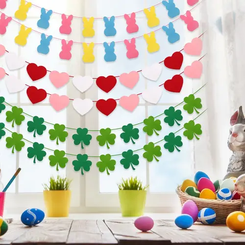 6pcs 12pcs valentines day decorations felt garland versatile hearts st patricks day shamrock easter bunny valentines day banner for home mantel wall office valentines day decor