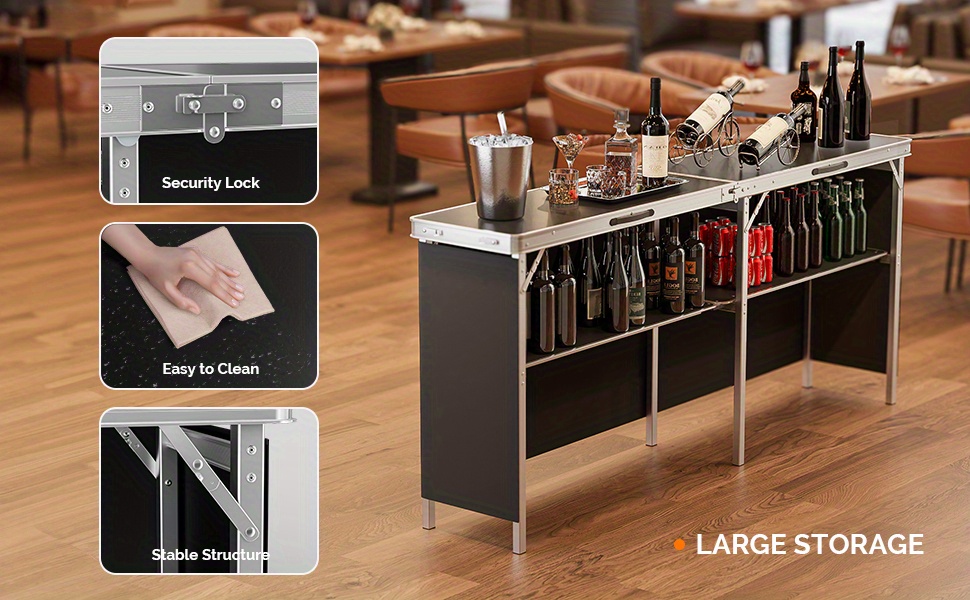 Bonnlo 78 Inch Mobile Bar Table with 2 Tier Shelves Portable Bar Table with Black Skirt for Outdoor Events Party Camping Picnic Mobile Bartending Station Black/ White/ Natural Garden Patio Dining Tables