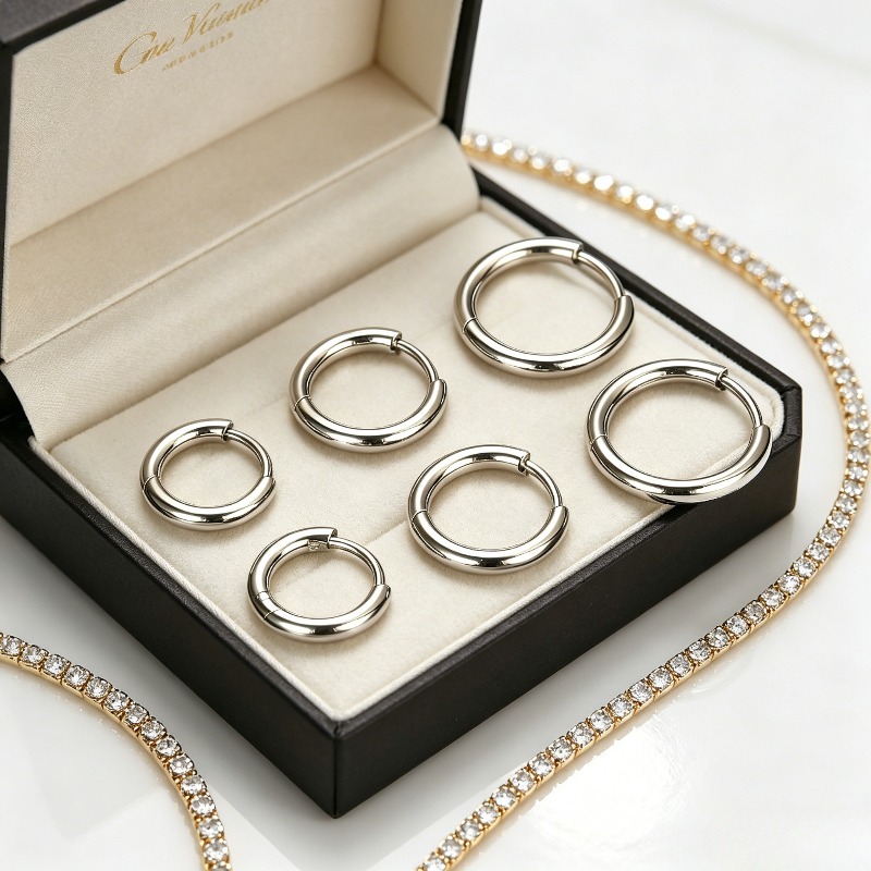 TEMU 3 Pairs Waterproof Sweat-proof Grade Steel Hoop Earrings High Polish Wear-resistant Non-tarnishing Metal Material Niche Basic Plain Circle