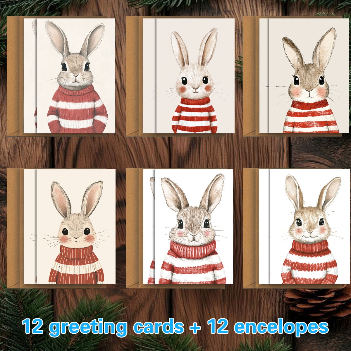 TEMU 1set/12pcs/24pcs/48pcs Holiday Cards, Christmas Cards, Birthday Cards, Valentine's Day Cards, Sweater Rabbit Illustration, Handwritten -