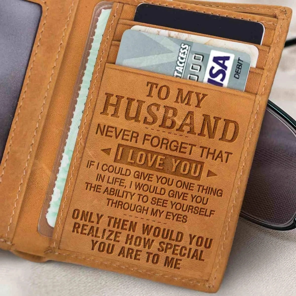 TEMU 1pc Men's Genuine Cowhide Leather Wallet, , Solid Pattern, Three-fold Design With Laser Engraved For Husband