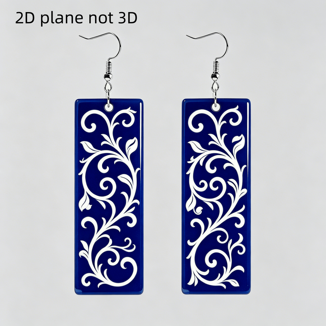 Ornate Blue & White Floral Scroll Dangle Earrings, Lightweight Acrylic