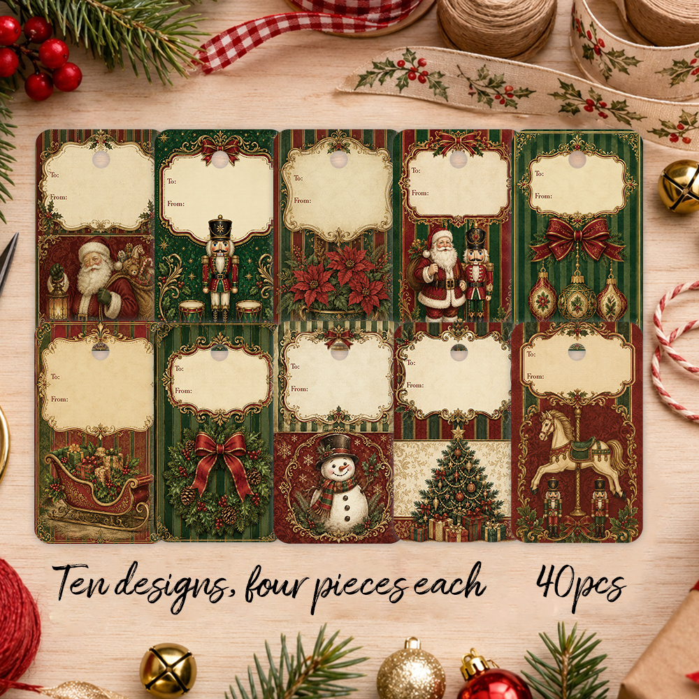 TEMU Set di 40 etichette natalizie vintage europee, 10 etichette regalo in stile , etichette souvenir invernali, biglietti decorativi per albero di