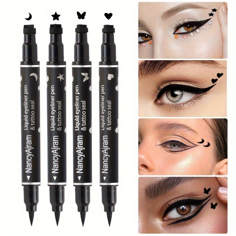TEMU 4pcs Liquid Eyeliner Pen Set With Dual-tip Stamps - Waterproof, Long-lasting, Black Ink - Includes Heart, Moon, , Star Shapes For Creative Eye Makeup, Eyeliner Stamp