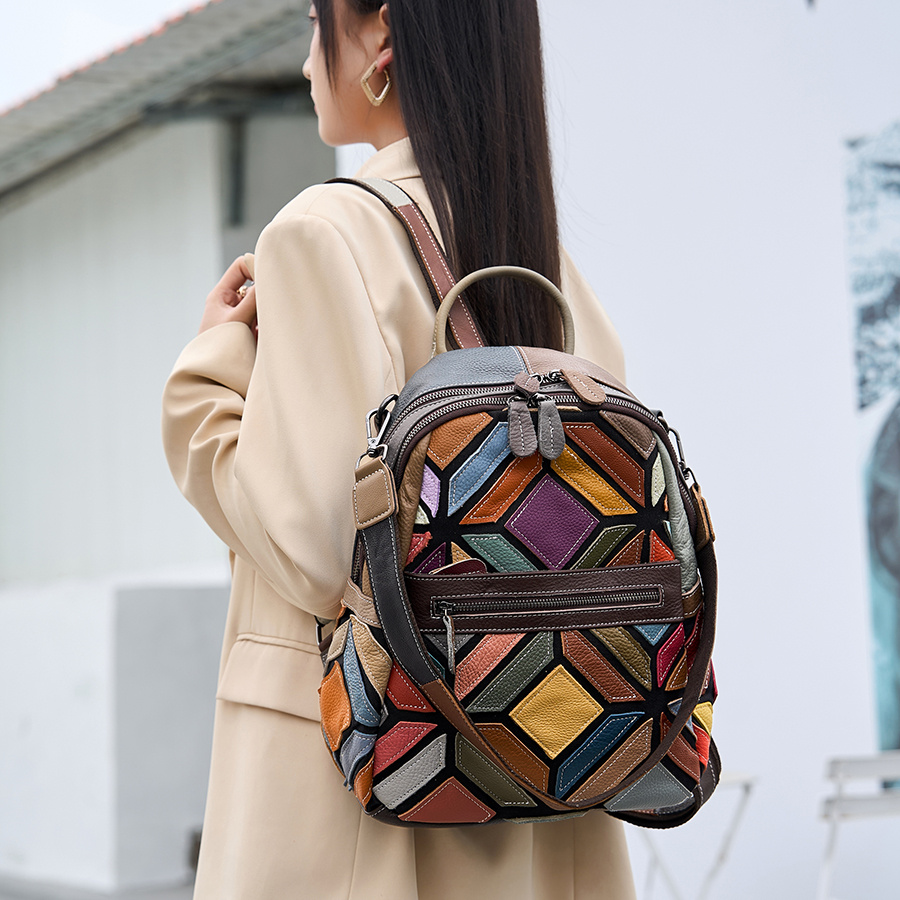 vintage womens color block genuine leather handbag - Temu Chile display picture 1