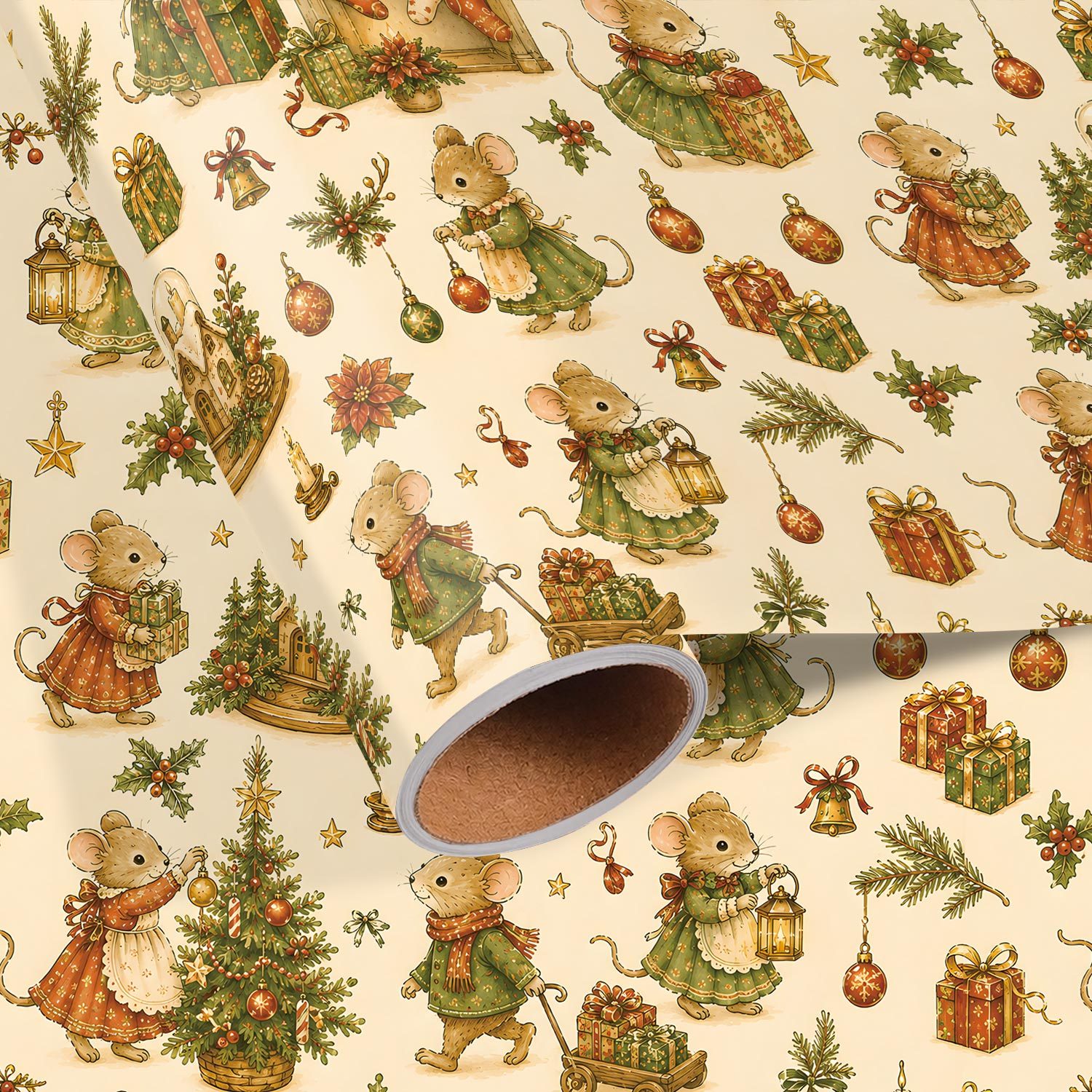 TEMU 1 Rouleau de de Noël Vintage, 17.7In X 118In, de Noël Souris avec Sapin de Noël, Boîtes Cadeaux, Lanternes, Cloches, Étoiles de Noël et de Fêtes
