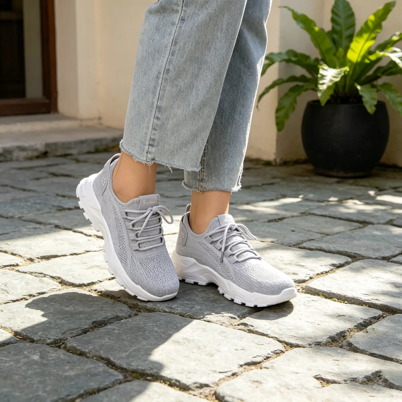 Image of Women's Shoes - Breathable Knitted Sneakers, Halloween Gift | Lightweight Running Shoes With Cushioned Pu Sole, White Autumn And Winter Casual Walking Shoes, Women Shoes