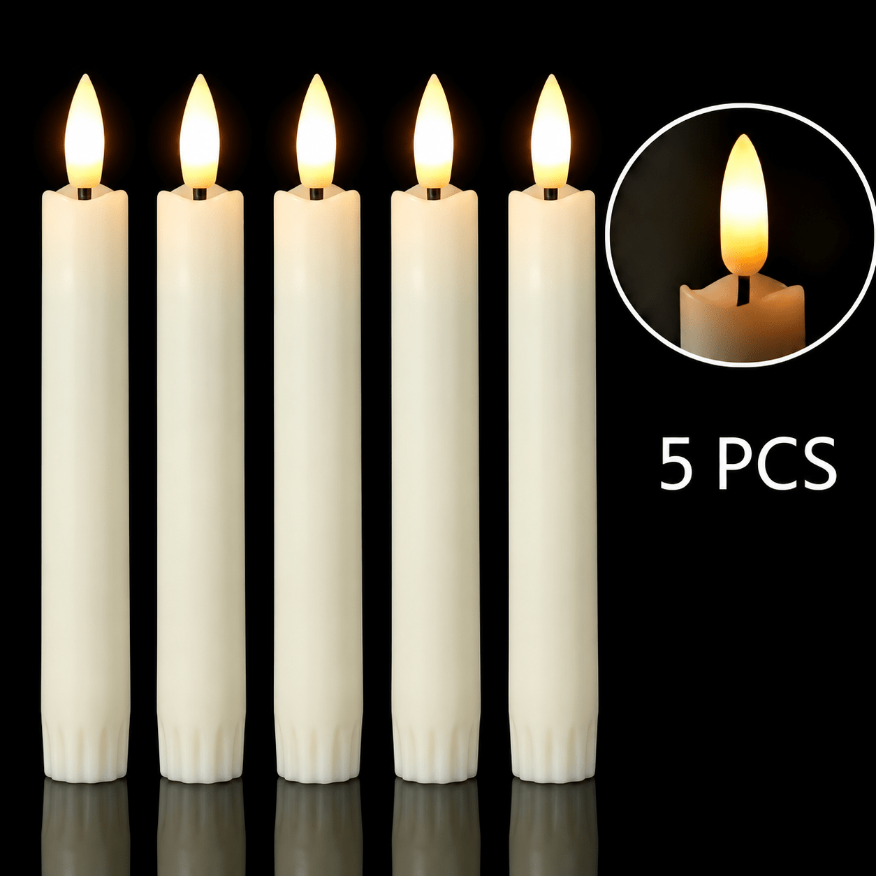 TEMU 5 Stk. realistische kurze LED-flammenlose Spitzkerzen, 3D-flackernde Flamme, batteriebetriebene Kerzenhalter – realistische Kunstkerzenstäbe für