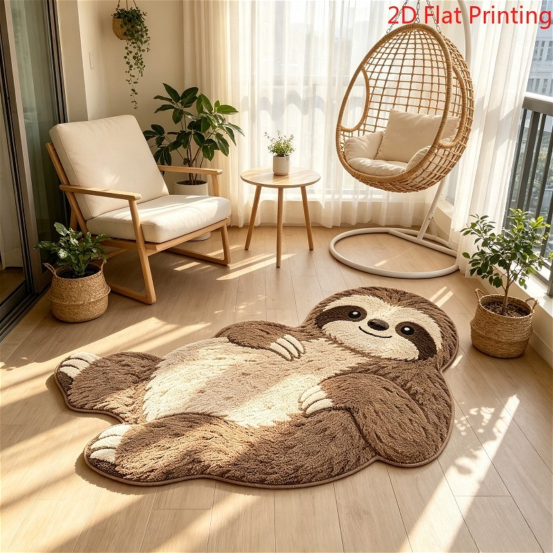 TEMU Velvet 900g+9mm 2d Hd Printing Rug Creative Cartoon Sloth Shape Entrance Door Anti-slip Carpet Cream Style Bedroom Living Room Small Animal Warm
