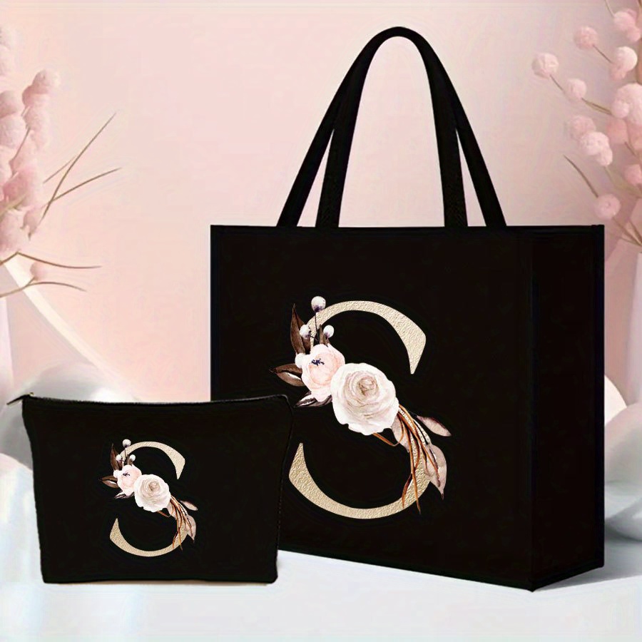 E-shop 2er-Set Tragetaschen mit Blumen- und Buchstabenmuster - Leichte Jute mit Niedlichem Münzbörse - für Einkaufen, Reisen & Strand - Langlebig &