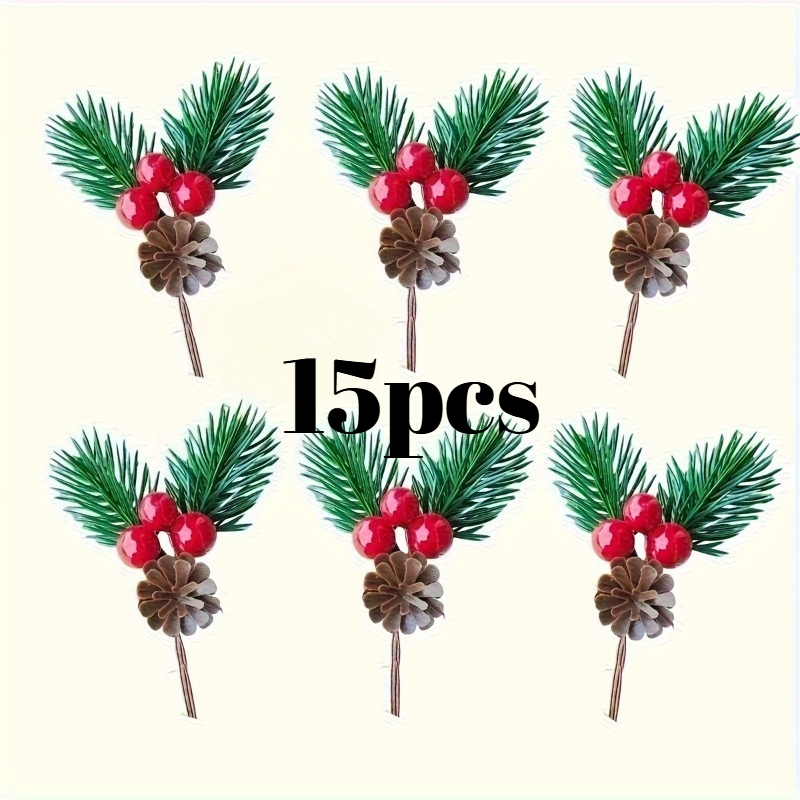 TEMU 15pcs Simulation Pine Cones Ornaments, With Realistic Brown Pine Cones And Red Berries - Evergreen Wreaths, Garlands, Tree Decorations - Durable