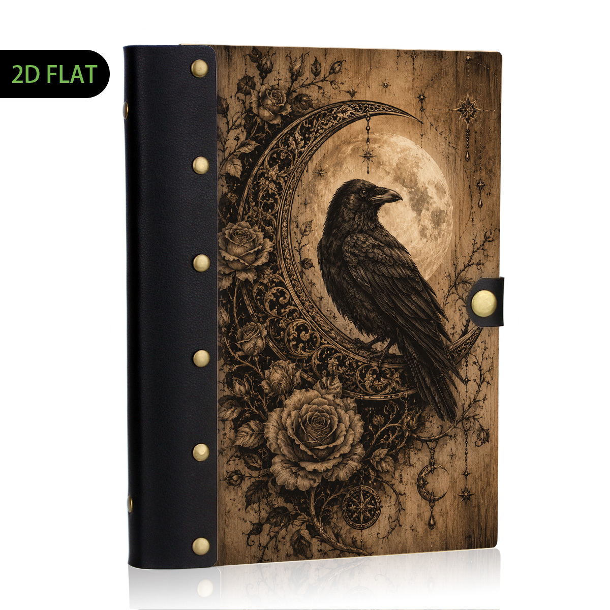 TEMU 1pc Wood Leather Binder Notebook, 100 Pages Refillable Loose Leaf, 2d Flat Hard Shell, Metal Rivets, Eye-friendly , Lined Pages, Gothic Style