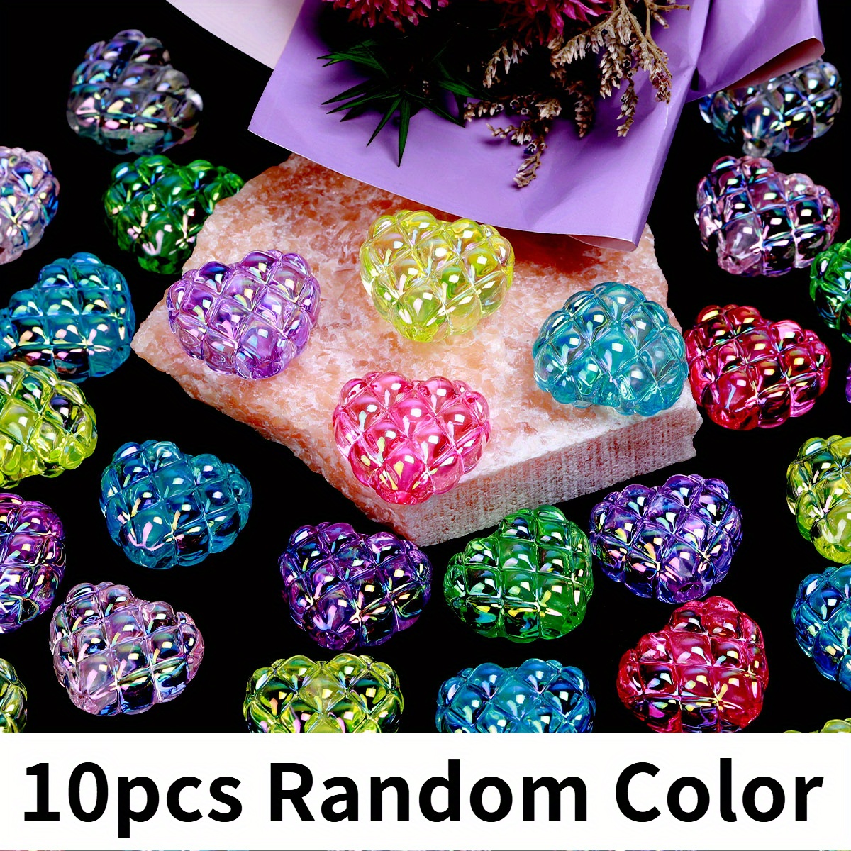 TEMU 10pcs Random Color Ab Color Faced Strawberry Heart Shape Beads Loose Spacer Beads For Jewelry Making Hair Accessory Rubber Band Chain Beaded Pen