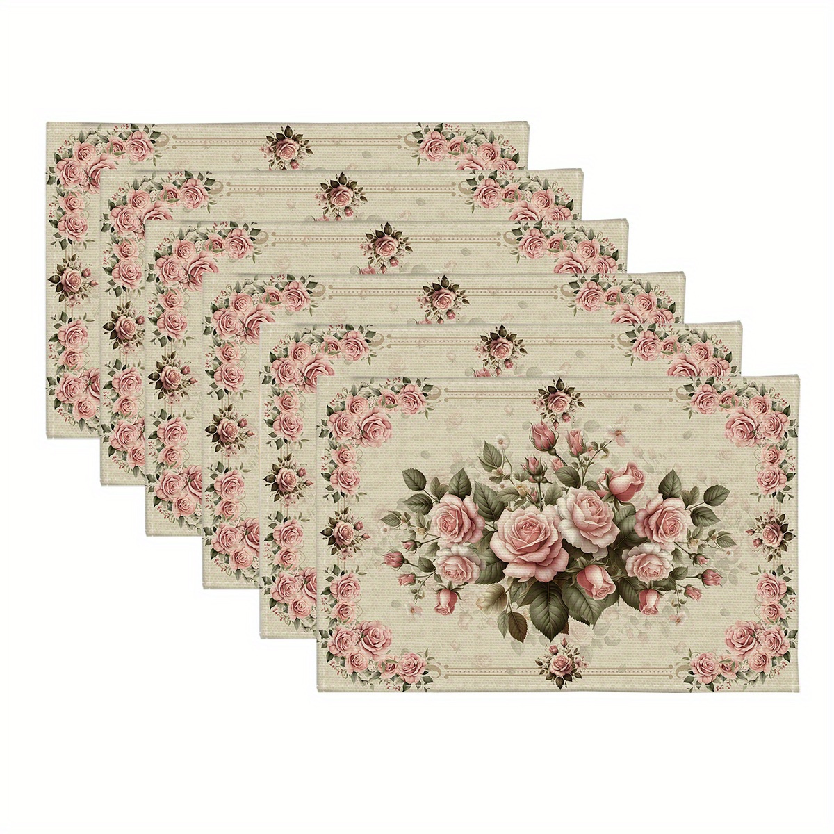 TEMU 4/6pcs, Retro Floral Tablecloth And Placemat Set, Pink Rose Floral Kitchen Dining Table Decoration, Spring And Desktop Decoration, Dinner Living