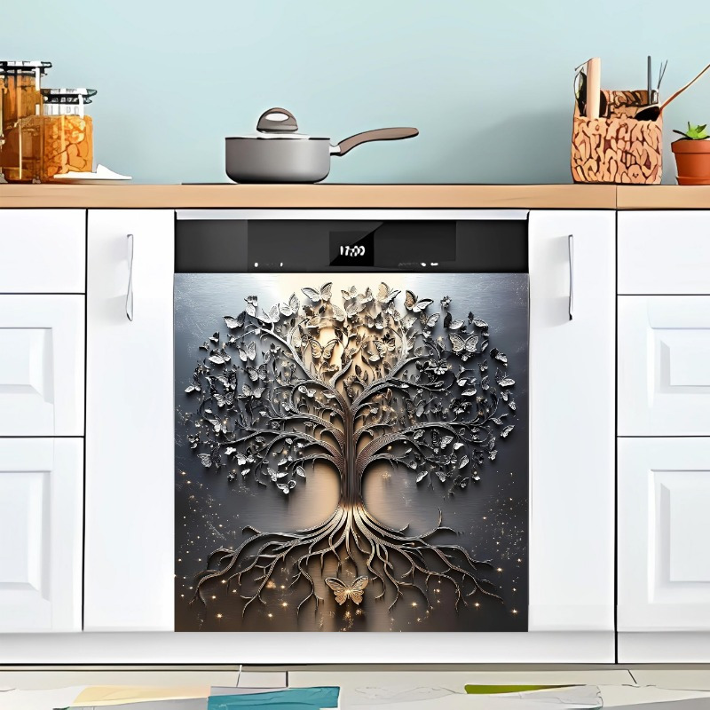 

2d Door Banner Tree Of Life Magnetic Dishwasher Cover, Stainless Steel Metal Art Appliance Decal, 23" X 26", Non-electric, Featherless, With Spring Decor For Home