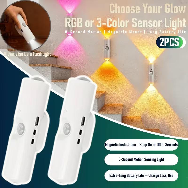 Paquete de 2 Lámparas de pared LED con sensor de movimiento inteligente | Tricolor regulable, recargable por USB, iluminación ascendente, ideal para entradas, dormitorios, salas de estar y más