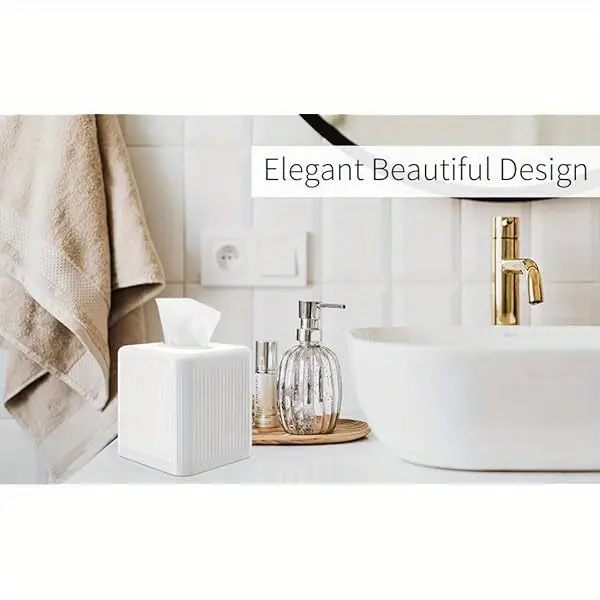 1pc modern white square plastic tissue box cover with base bpa free decorative cube tissue holder with vertical base for bathroom room bedroom saving tissue dispenser 5 5x5 5x6 0 inches bedroom decor durable construction home organizers interior Product details 1