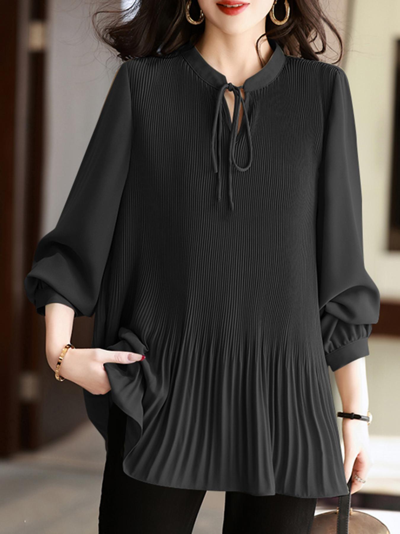 plus size   womens elegant pleated long sleeve blouse with stand collar lace up detail lightweight olive   for   plus size casual to dressy machine washable shirt elegant long sleeve button blouses casual attire nontransparent fabric black 1