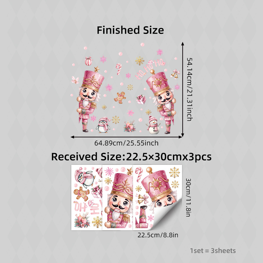 TEMU 3pcs Pink Nutcracker Christmas Window Stickers, Cute Penguin Snowman Glass Door Decals, Pink Golden Snowflake Gingerbread Man Xmas Decorations