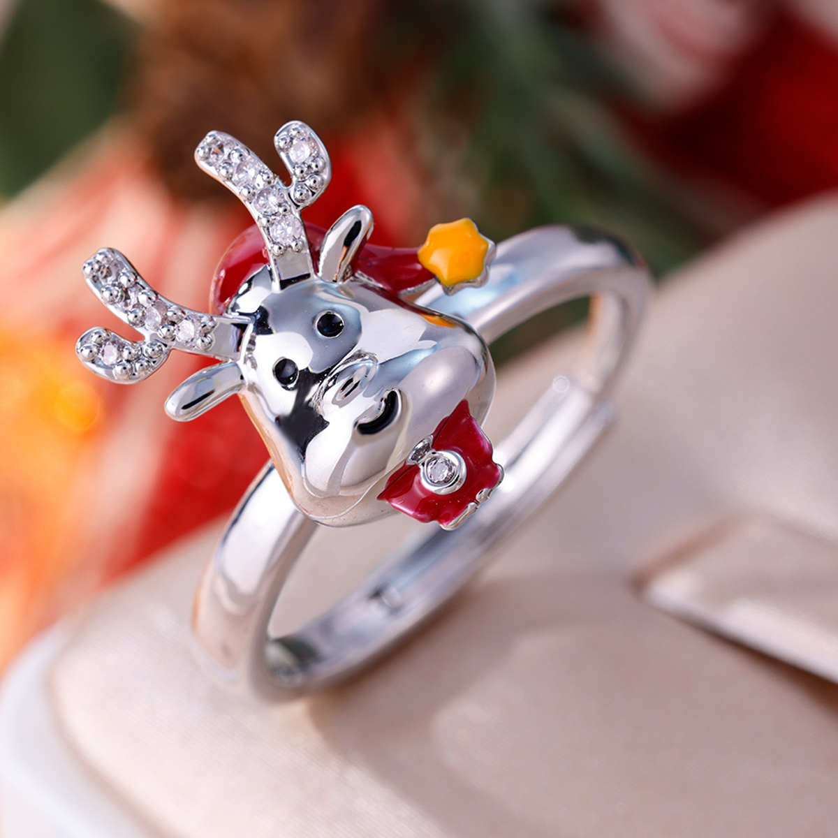 Women's Adjustable Reindeer Ring with Rhinestone, Holiday Gift
