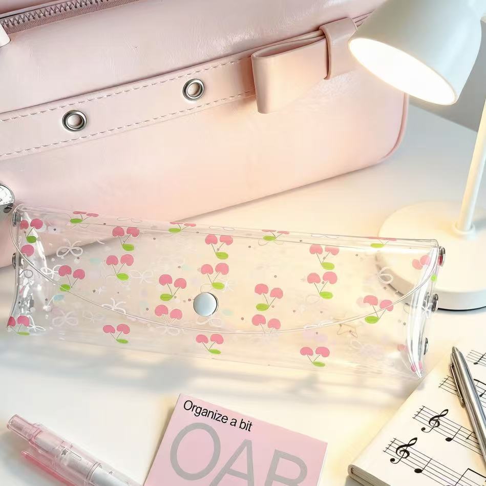 TEMU Transparent Pvc Strawberry Cherry Pencil Case Suitable For & Office - Window With Cute Cherry & Strawberry, Portable Cover For,,, Supply