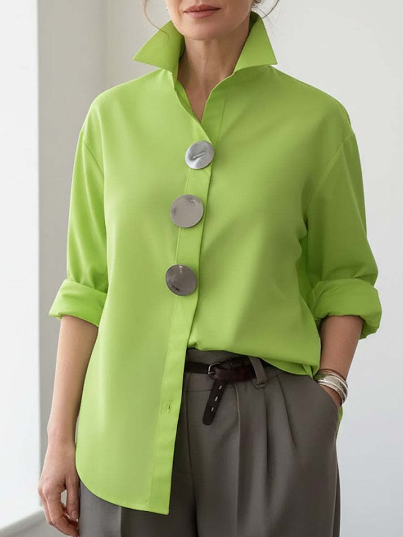 slim fit dress slacks Classic long sleeve silky blouse hunter green | Trendy Tops